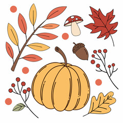 Autumn elements, colorful fall foliage, hand-drawn illustrations, pumpkin, mushrooms, acorn, chestnut, berries, maple leaf, oak leaf, apple, whimsical style, flat design, nature-inspired, seasonal mot