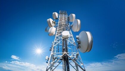 outdoor tall mobile phone tower with several large white circular antennas attached to it against the blue sky telecommunication tower with antennas