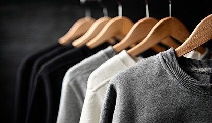 Obraz premium Row of various colored sweatshirts on wooden hangers