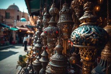 Artisan metal lamps showcased outdoors with colorful designs and lighting, perfect as gifts