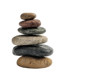 Stacked stones, various colors and textures, forming a small pyramid.  The stones are smooth and appear naturally weathered.  Isolated against a black background, focusing on the balanced arrangement
