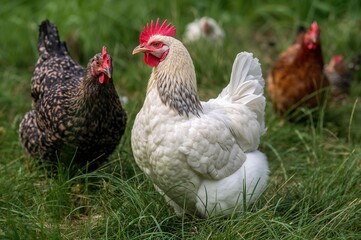 Fototapeta premium Content and healthy free-range poultry enjoying summer outdoors