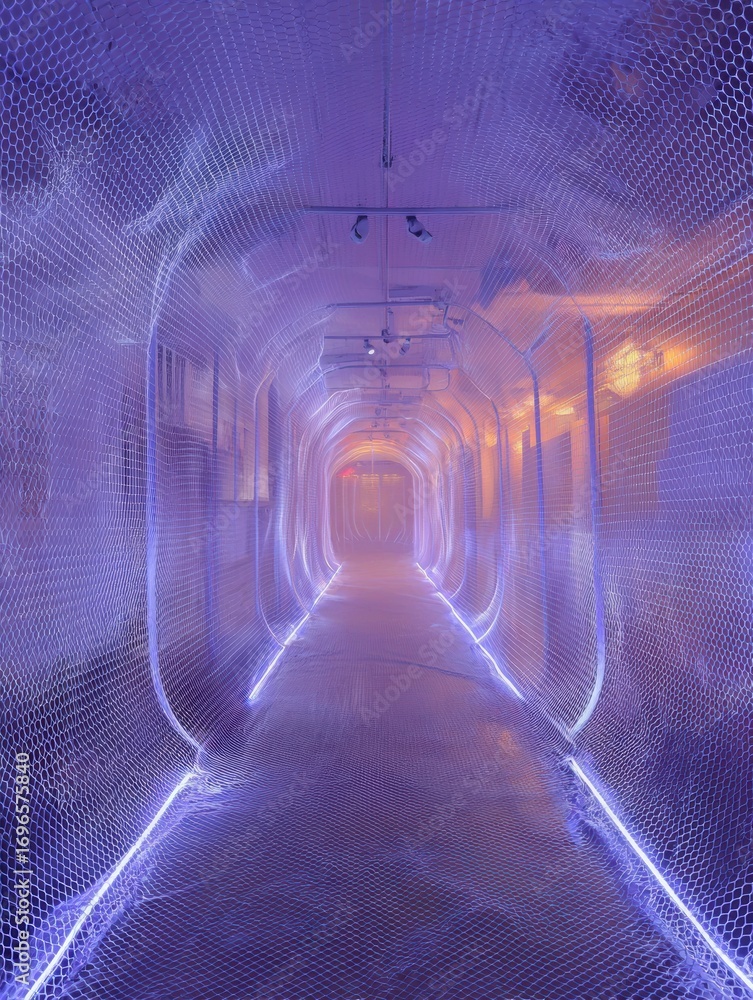 Poster art installation featuring illuminated pathway in abstract design at contemporary gallery event