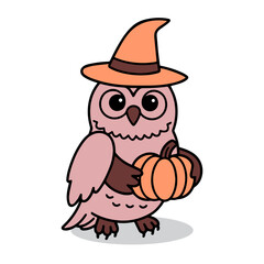 Halloween owl with witch hat and pumpkin