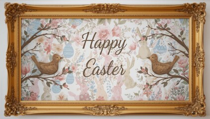 Obraz premium Joyful Easter greeting featuring wooden birch birds singing on a colorful backdrop with a golden border