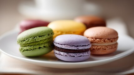 Obraz premium Close-up view of assorted colorful macarons on a white plate, showcasing their delicate textures and vibrant hues.