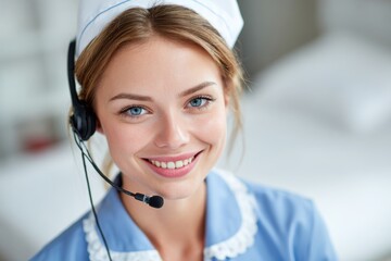Nurse Call Center. Beautiful Cheerful Nurse Talking in a Call Center
