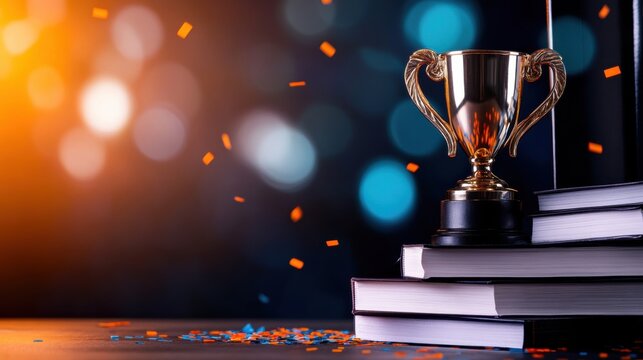 Celebrating academic achievement with a trophy on stacked books