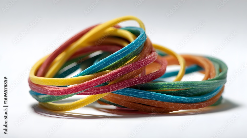 Poster a close-up view of colorful rubber bands, intricately intertwined and layered, showcasing a vibrant 