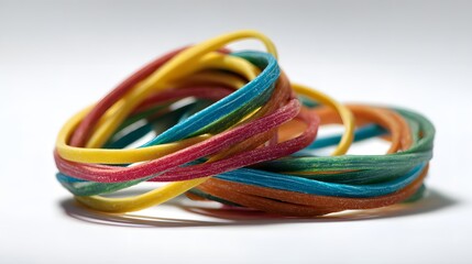 Naklejka premium A close-up view of colorful rubber bands, intricately intertwined and layered, showcasing a vibrant array of hues against a simple white background.