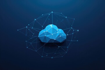 The concept of cloud computing involves transferring data to a remote server. A large cloud symbol is highlighted in white against a dark blue backdrop, connected to smaller icons.