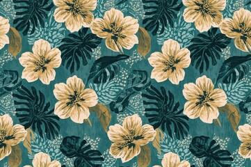 Vintage 2D illustrated seamless pattern featuring abstract patchwork in a tropical style