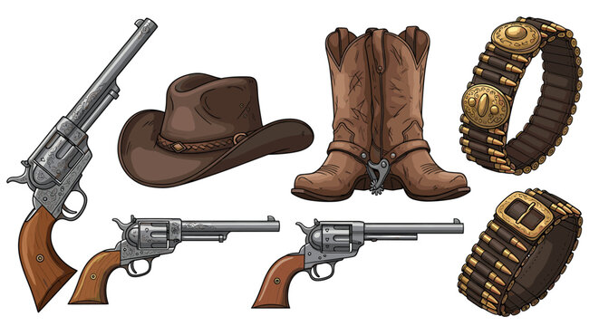 Cowboy gear collection: guns, boots, hat, and ammunition belt