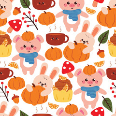 cute cartoon bunny and pig with autumn falls element drawing for seamless pattern. cute pattern with autumn vibe