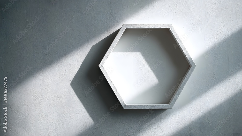 Poster a hexagon-shaped, empty display shelf casts intriguing shadows on a light gray wall.
