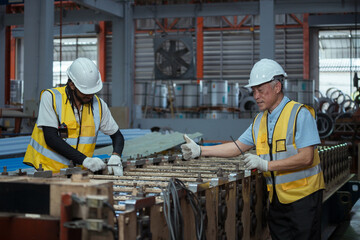 Engineers and staff are inspecting the assembly line system in a metal sheet and metal roofing...