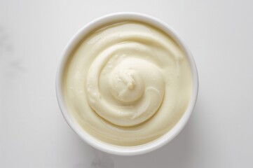 Overhead shot of a bowl containing creamy mayonnaise on a food-themed surface