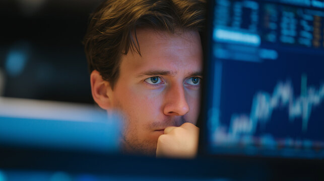 Financial analyst looking at computer monitor with focused expression