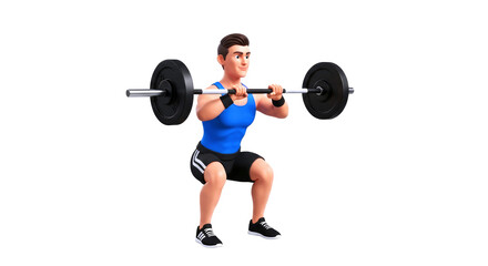 cartoon weightlifter powerful squat, focused strength, 3d fitness model, isolated on transparent background