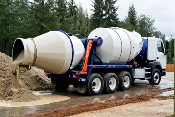 トラック, 自動車, 交通, 運送, 乗り物, 孤立した, 貨物, おもちゃ, トレーラー, しつこい, 黄色, 道, セミ, 建造, 工業, 大きい, 白, ごみの山, コンクリート, 