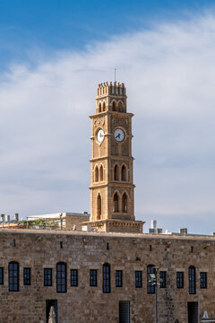 The clock tower in Acre, Akko, Israel on a sunny day
