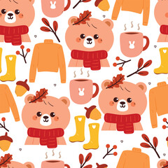 cute cartoon bear and autumn falls element drawing for seamless pattern. cute pattern with autumn vibe