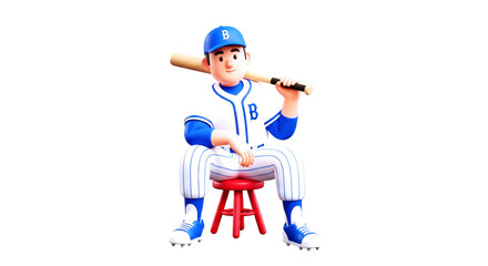 cartoon baseball player relaxed pose, bat on shoulder, ready to play, 3d render, game asset, isolated on transparent background