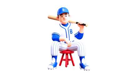 cartoon baseball player relaxed pose, bat on shoulder, ready to play, 3d render, game asset, isolated on transparent background