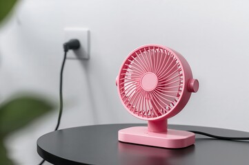 Close-up view of a pink electric fan on a black surface with a softly blurred wall plug in the background. Selective focus.