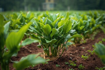 Obraz premium Detailed view of turmeric plants showcasing their vibrant green foliage in a farm setting
