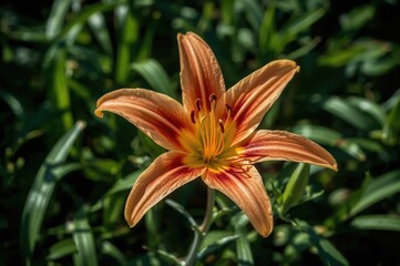 Fototapeta premium Detailed view of a blooming orange and red lily plant in a garden