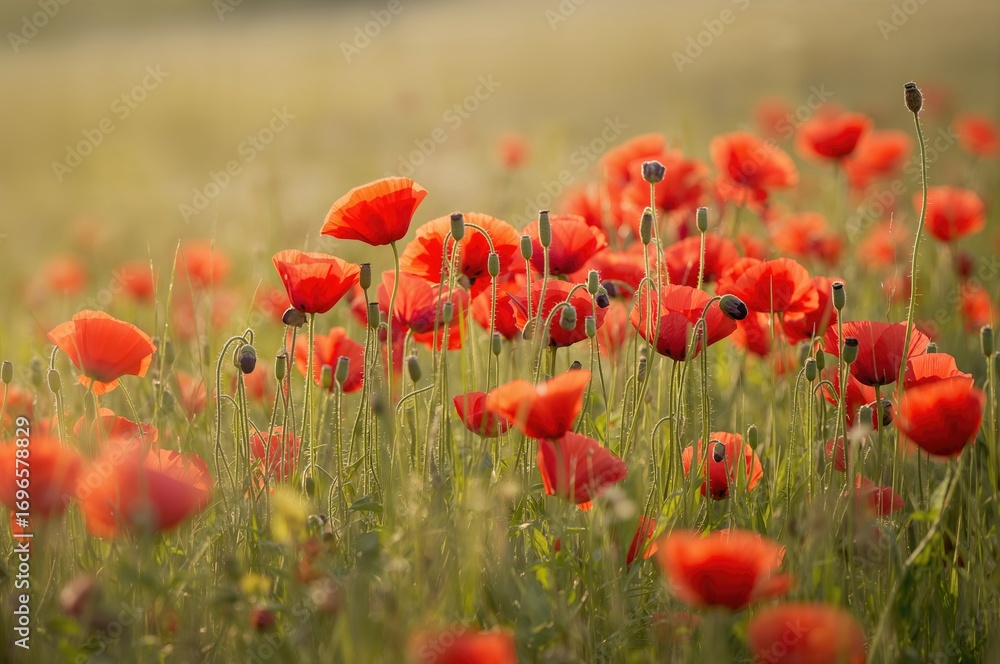 Poster close-up view of a vibrant red poppy field in bloom during spring.