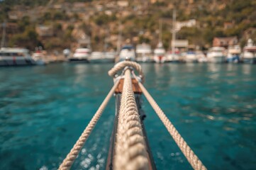 Naklejka premium Detailed view of a ship secured with ropes at the dock