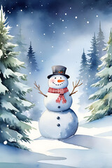 Obraz premium Cute watercolor Christmas card with hand-painted snowman, Christmas trees and falling snow
