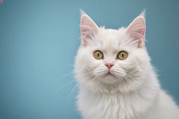 Obraz premium Close-up of an adorable white cat against a broad blue backdrop