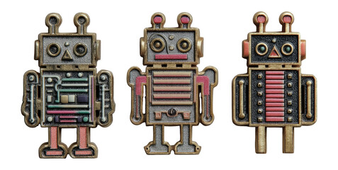 Vintage Robot Toys with Unique Designs and Colors on Transparent Background