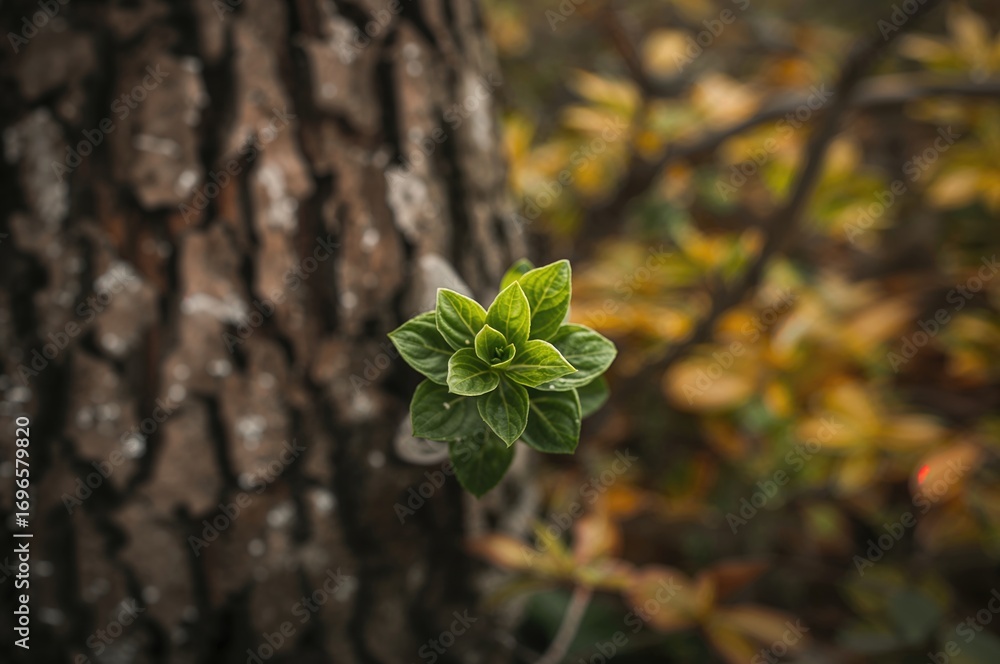 Poster macro shot of a young plant from above showing natural texture and pattern in a forest setting