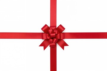 Red bow with ribbon isolated on white background, top view flat lay