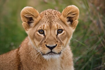 Obraz premium Close-up of a lion baby in its natural environment. A wildlife depiction from the wild.