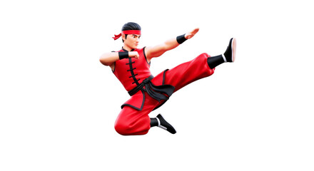 Obraz premium 3d cartoon kung fu master executing a fierce flying kick, red outfit, dynamic action pose, asian martial arts, isolated on transparent background