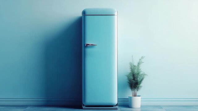 Retro blue refrigerator next to potted plant
