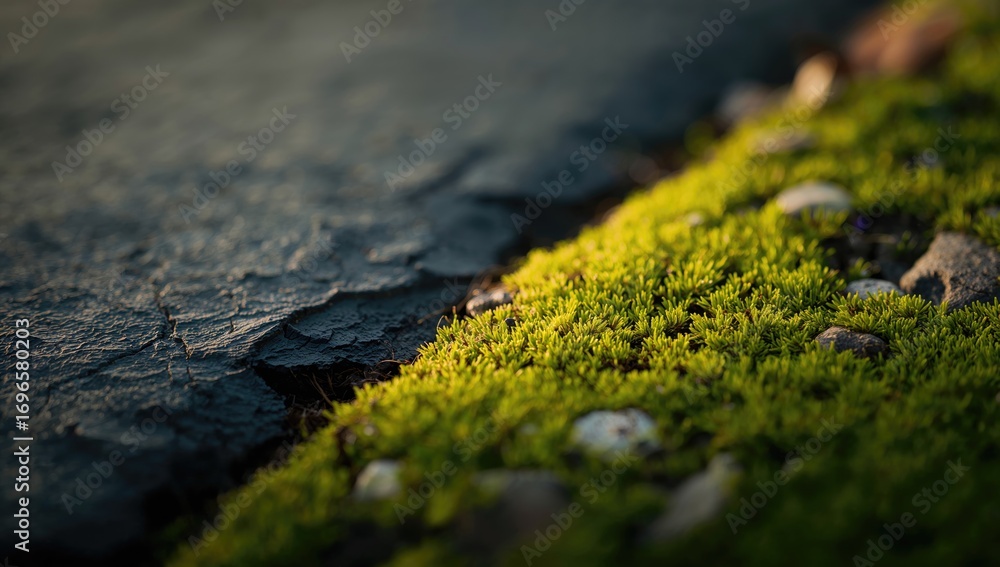 Aufkleber close-up shot of slate blanketed in moss with a soft-focused left side and ample empty space