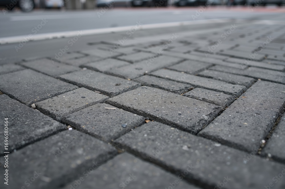 Poster detailed view of gray concrete paving blocks arranged in an interlocking pattern