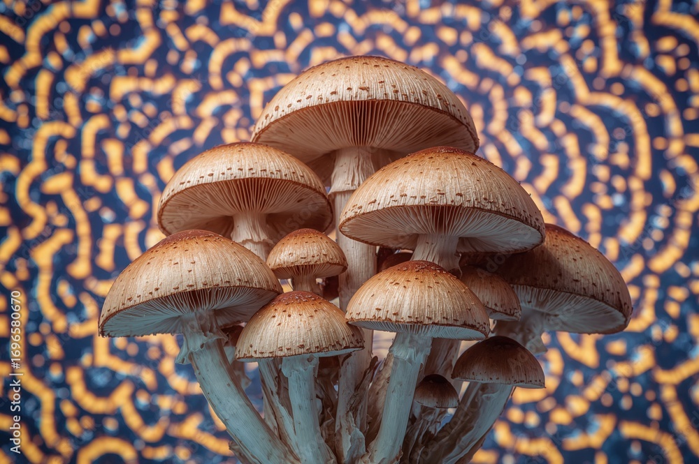 Poster macro shot of a gorgeous cluster of mushrooms illuminated by vibrant neon lights for design patterns