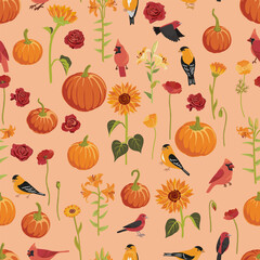 vector drawing seamless pattern with pumpkins, flowers and birds, Thanksgiving day decorative background, autumn vegetables, hand drawn illustration