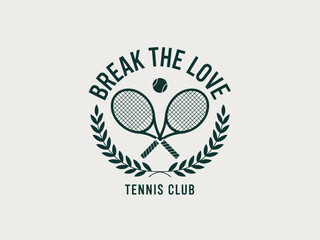 Retro style tennis sport logotype design with crossed rackets and wreath symbol for a team or competition. Vector emblem illustration for a club or tournament