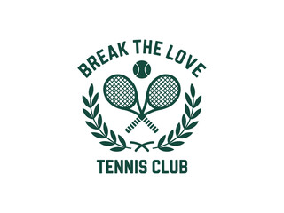 Vintage tennis club logo template with crossed rackets and laurel wreath. Sports emblem vector illustration for tournament or competition
