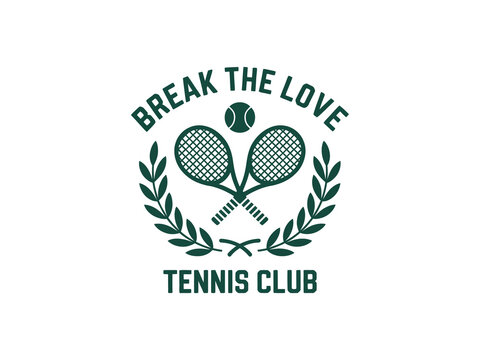 Vintage tennis club logo template with crossed rackets and laurel wreath. Sports emblem vector illustration for tournament or competition