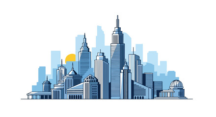 Naklejka premium Illustrated cityscape silhouette against a serene sky, depicting urban architecture with modern buildings and subtle sunlight creating a harmonious