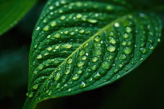 Close-up of a wet green leaf following rainfall